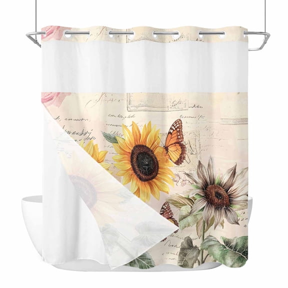 Sunflower Butterfly No Hook Shower Curtain Waterproof, Bathroom Curtains with Snap in Liners and See Through Top Window, Vintage Farm Floral Watercolor Hotel Style Bathtub Curtains Shower 72"Wx72"L