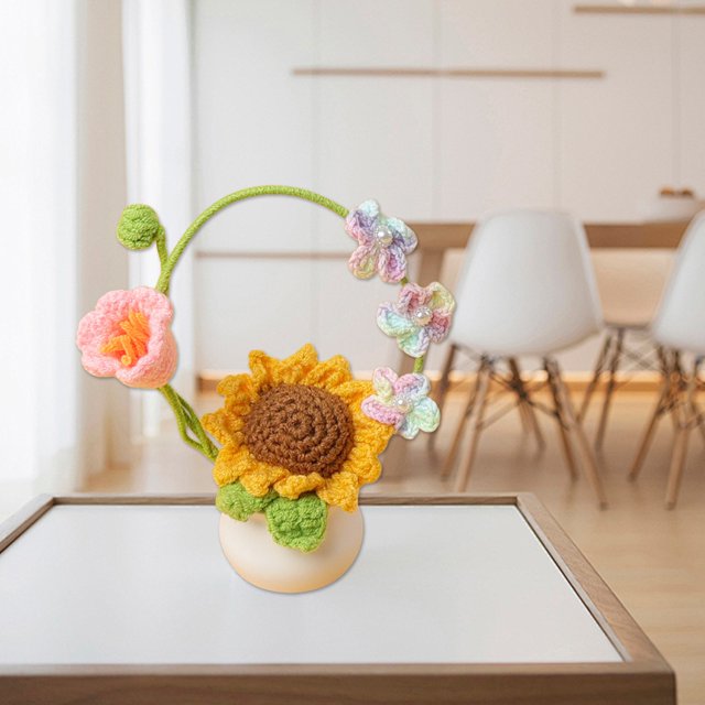 Simulated Flower Yarn Weaving Home Decoration, Handmade Bonsai Desktop Accessory, 8-Inch Diameter, Natural Green & Pink, For Living Room Office, Creative Crafting Kit, DIY Room Decor, Artificial