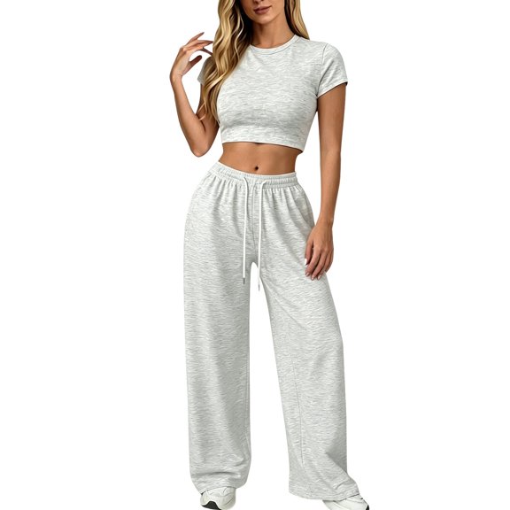 TZZQ Womens 2 Piece Matching Lounge Sets Slim Fit Short Sleeve Scoop Neck Crop Tops Low Rise Drawstring Baggy Wide Leg Pants with Pockets Stretchy Fitted Sets Basic Going Out Outfits Light Ashy L