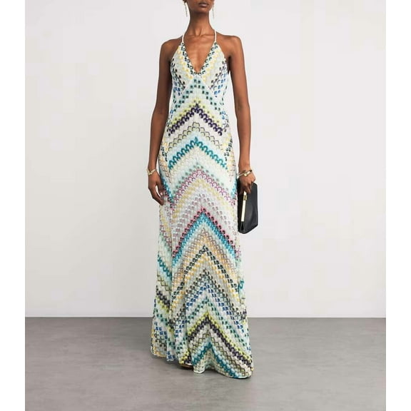 Colorful Chevron Maxi Dress (S, Blue)