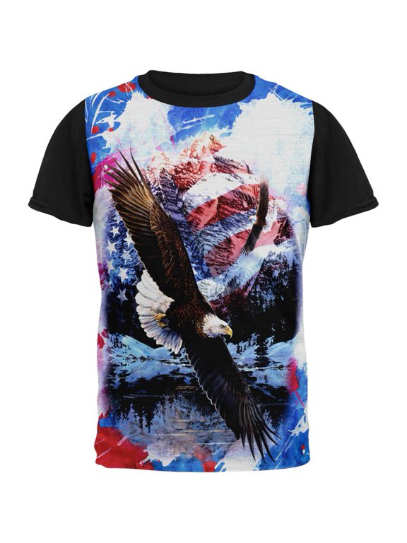 4th of July American Flag Bald Eagle Splatter All Over Mens Black Back T Shirt Multi LG