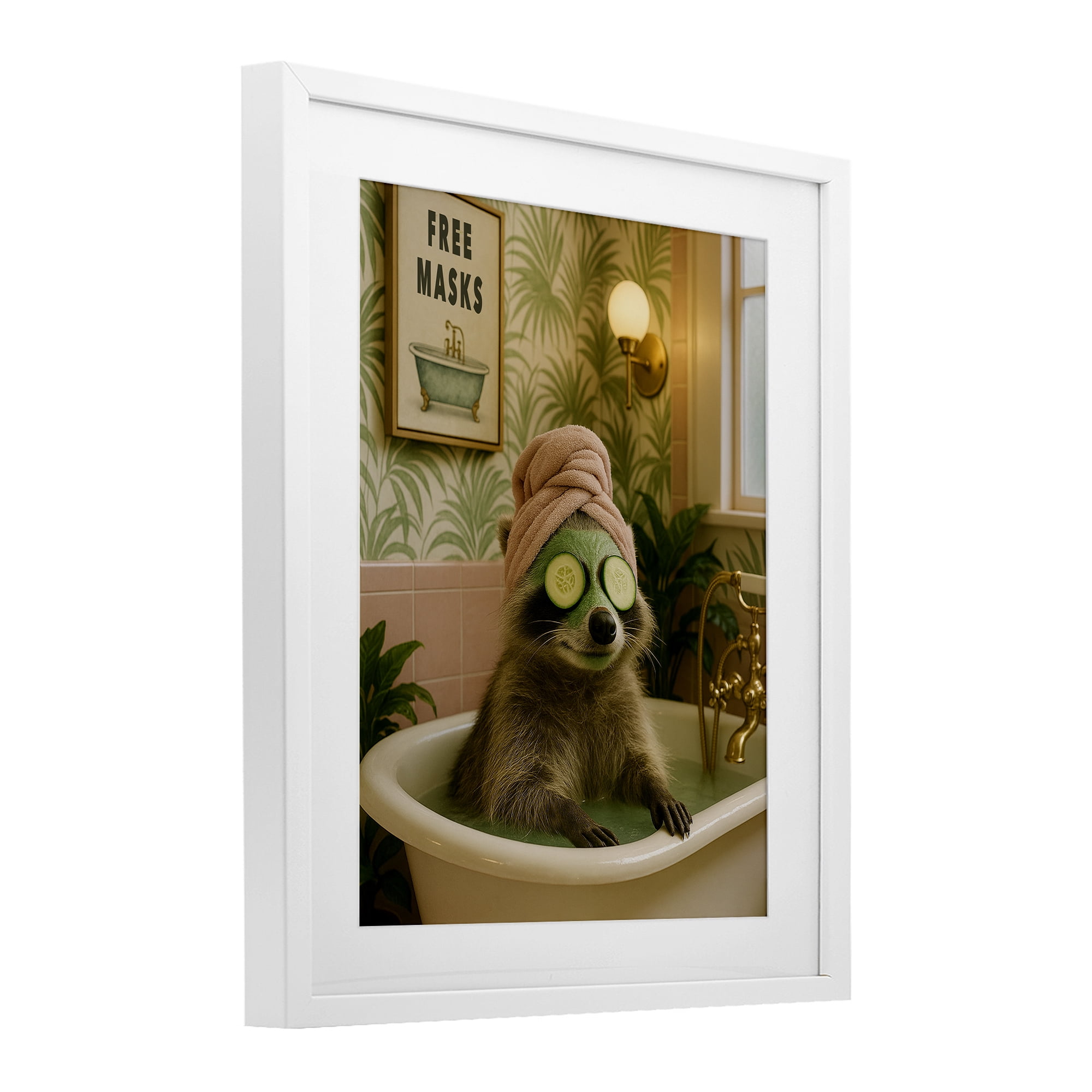Stupell Industries Raccoon Spa Day Bath White Framed Print Under Glass, design by Grotto Studios