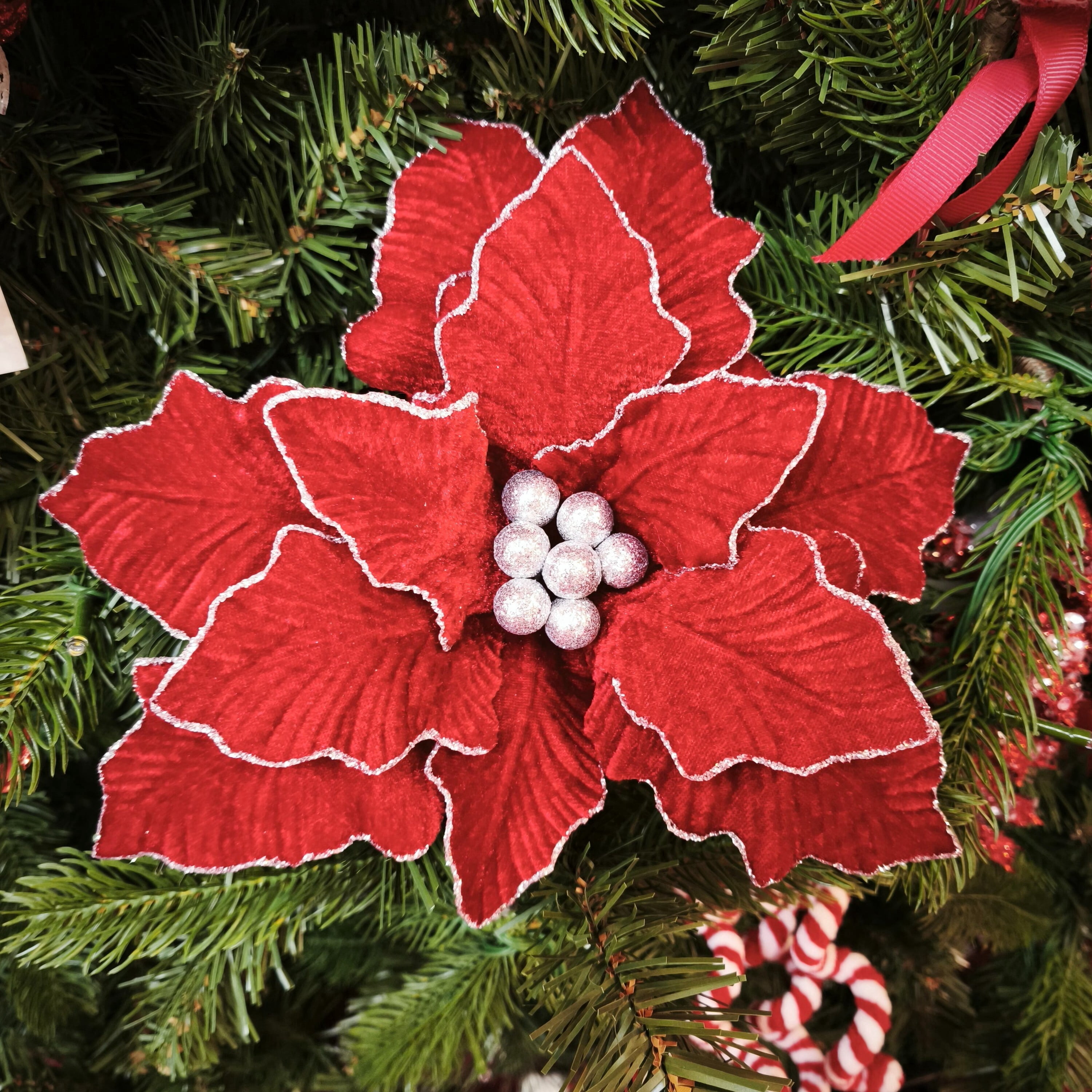 Deluxe Red and Silver Poinsettia Christmas Clip Ornament, 12", by Holiday Time