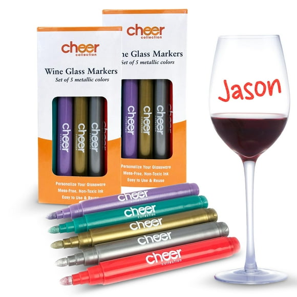 Cheer Collection Metallic Wine Glass Markers, Dry Erase Markers, Washable Wine Glass Marker Pens, Quick Dry Markers for Glasses, Ceramics, & Mirrors, Great for Weddings, Banquets & Parties, Set of 10
