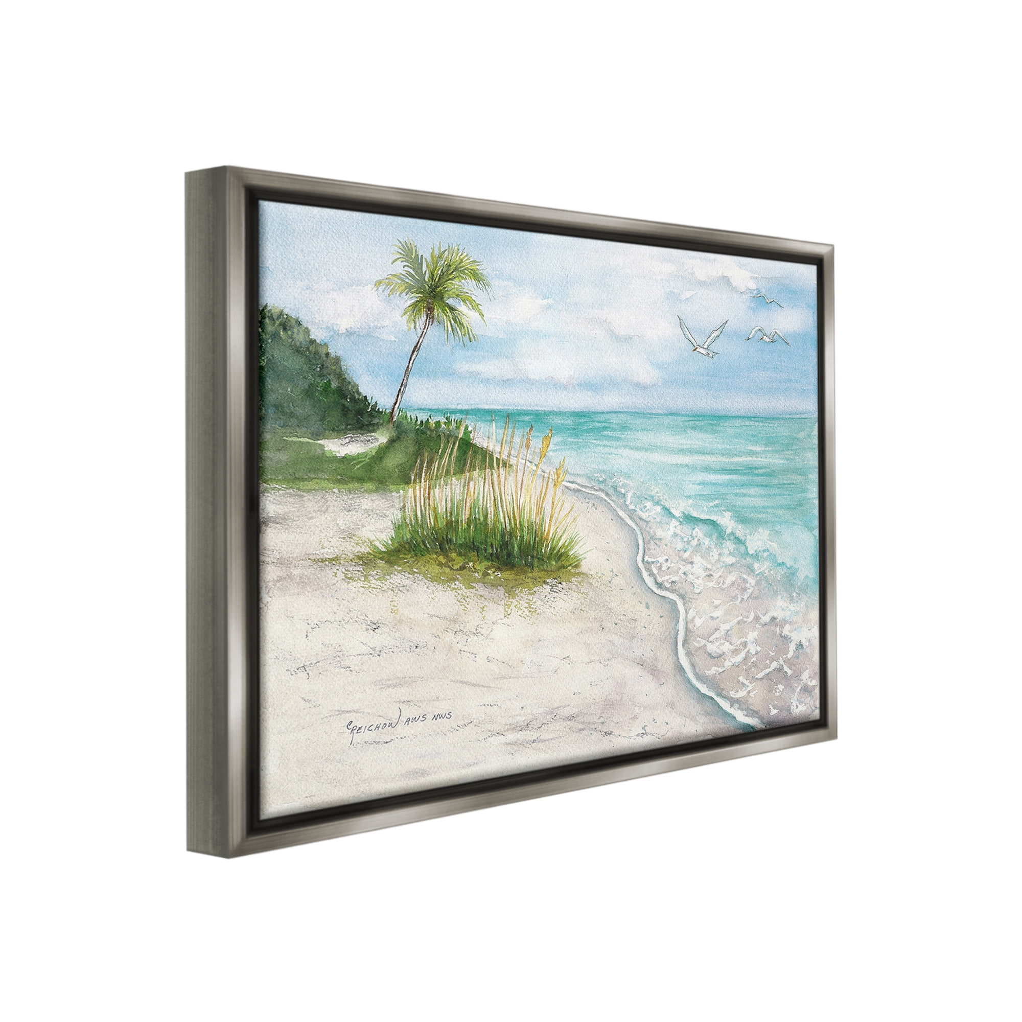 Stupell Industries Seagulls over Tropical Beach Landscape Painting Gray Floater Framed Canvas Art Print Wall Art, 21 x 17
