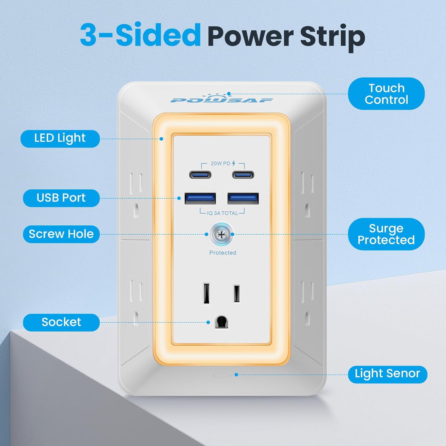 Multi Plug Outlet Surge Protector - 5 Extender with 4 USB Ports(2 USB-C PD 20W) and Night Light 3-Sided Power Strip Adapter Spaced Outlets ETL White