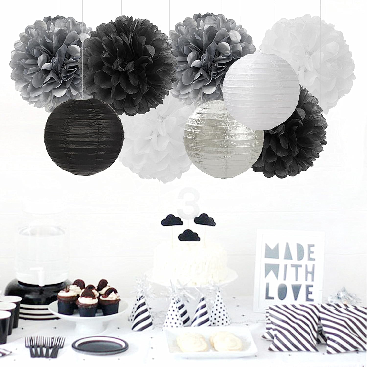 Black White Silver Party Decorations Paper Flowers Lanterns 15PCS Tissue Pom Poms Streamers for Birthday Halloween Wedding Baby Shower Bachelorette Hanging Supplies Decor