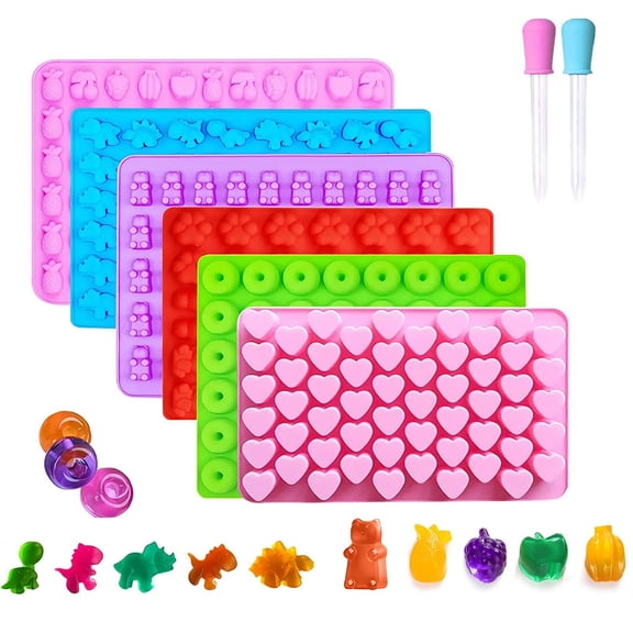 GIRACOA 9-Piece Mini Silicone Gummy Molds Set, Bear Donut Dinosaur Fruit Heart Paw Shapes Molds 2 Droppers and Storage Box for Small Jello Candy Chocolate Gummy