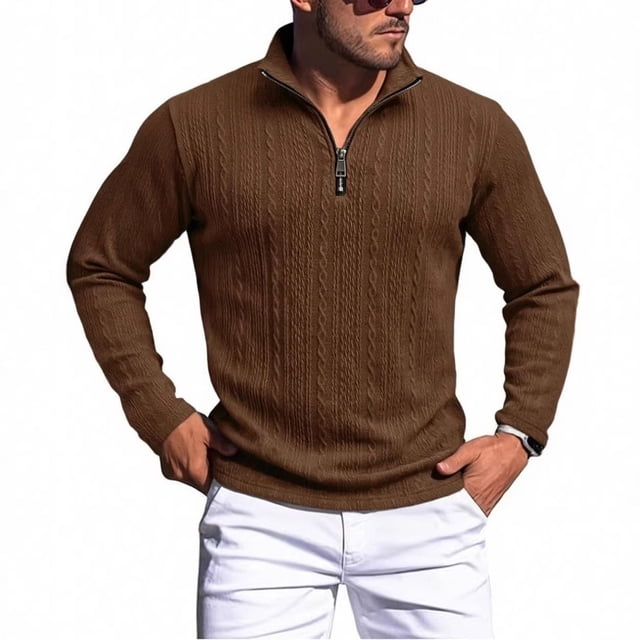 SBYOJLPB Men's Fashionable Solid Color Long Sleeved Stand Up Collar Half Zipper Breathable Pullover Top