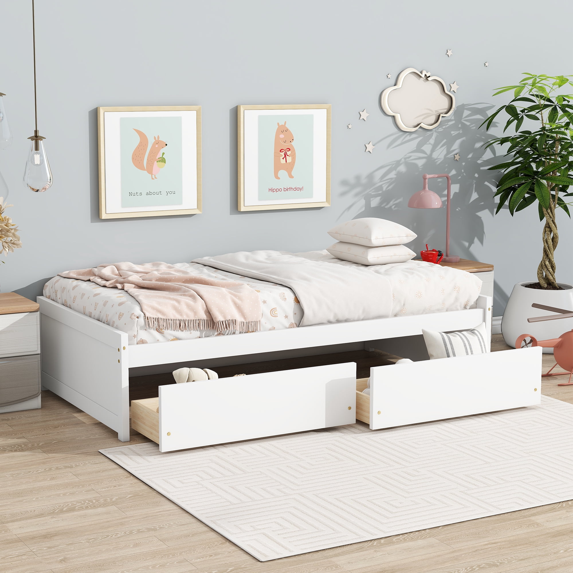 Sailvan Twin Size Bed with 2 Drawers, Solid Rubber Wood Bed