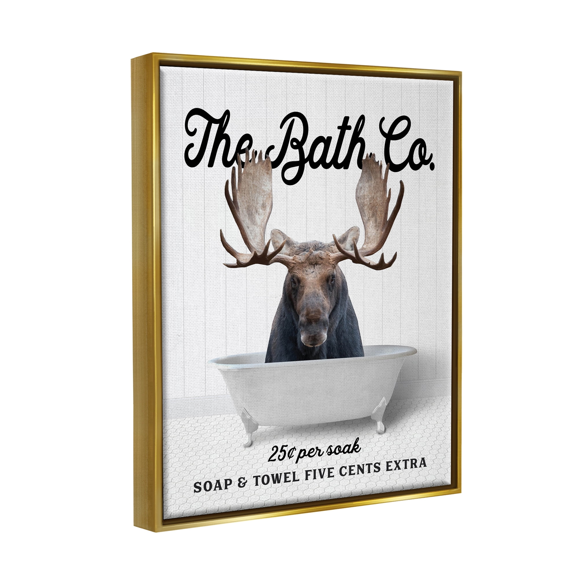 Stupell Industries Vintage Bath Ad Moose Animals & Insects Painting Gold Floater Framed Art Print Wall Art, 17 x 21