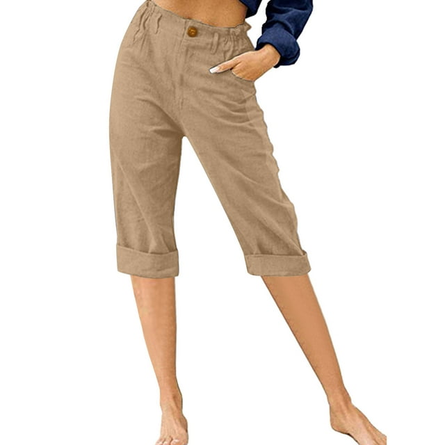 Innerwin Cropped Pant by Innerwin Women's High Waist Lounge Capris, Solid Color, Khaki, M