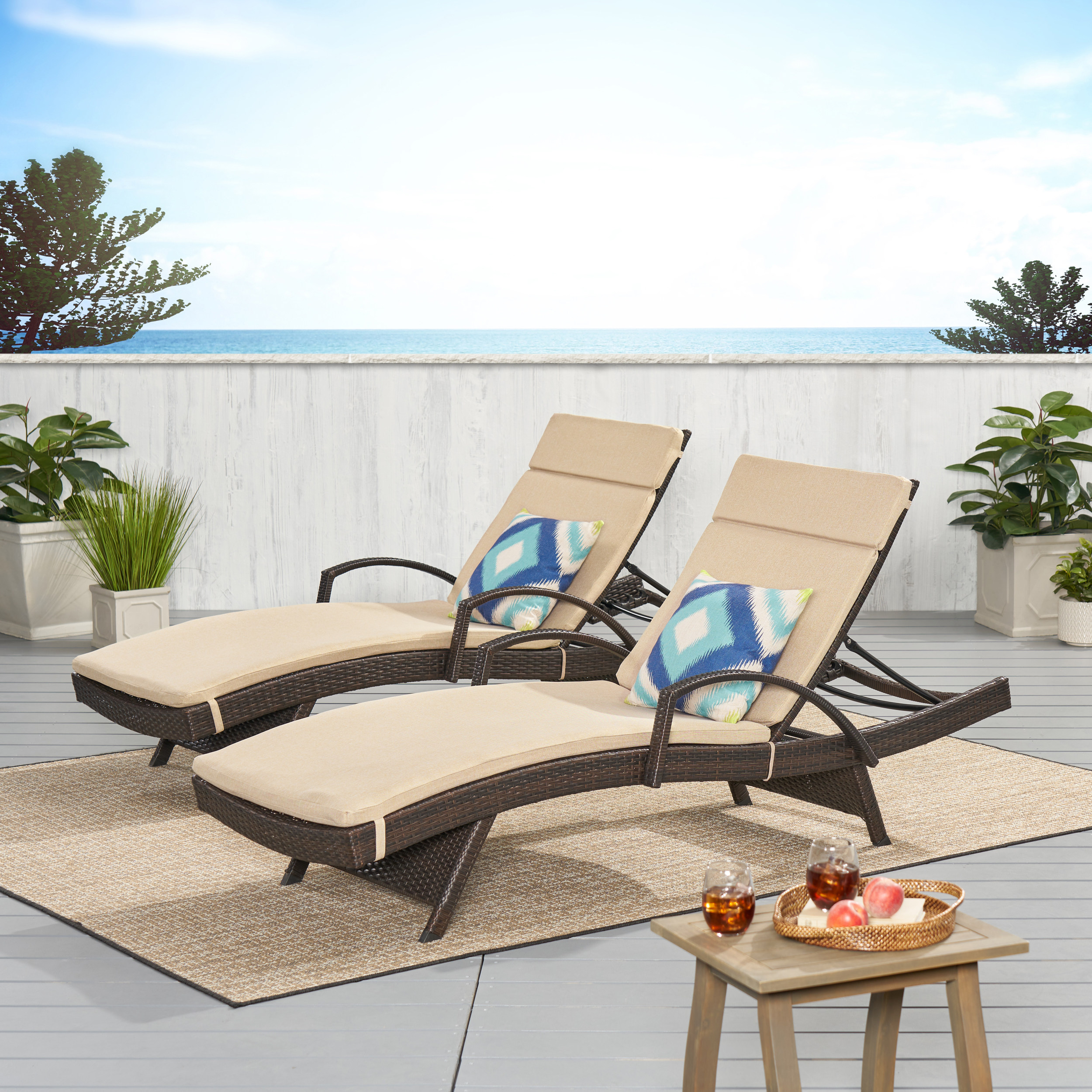 Anthony Outdoor Wicker Armed Chaise Lounges with Cushions, Set of 2, Multi Brown, Textured Beige