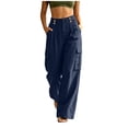 thumbnail image 2 of Loose Cargo Pants for Women Wide Leg Linen-Like Back Elastic Waist Button Zipper Multi Pocket Casual Trousers, 2 of 9