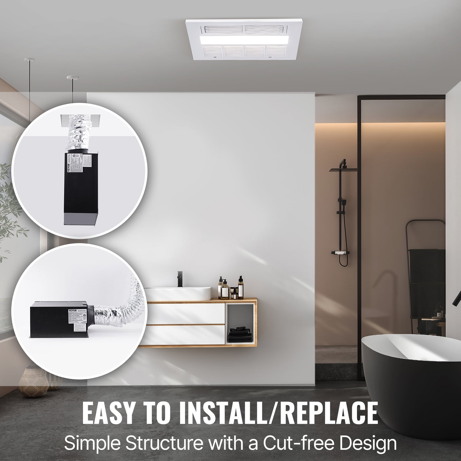 VEVOR Bathroom Exhaust Fan, 1500W Heating, 110 CFM High-Efficiency Ventilation, 1.5sones Low Noise Operation, Energy-Saving Bathroom Ceiling Fan, For Various Ceilings