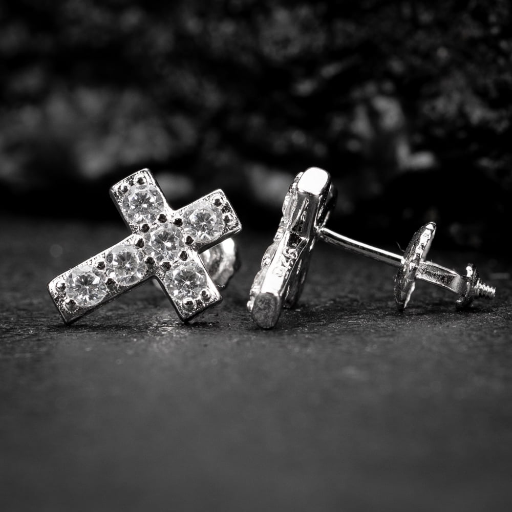 White Gold 925 Sterling Silver Small Mens Women's Prong Set Iced 5A Cz Hypoallergenic Ice Out Hip Hop Cubic Zirconia Cross Screw Back Stud Earrings