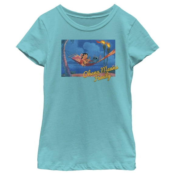 Girl's Lilo & Stitch Ohana Means Family Hammock Graphic Tee Tahiti Blue X Large
