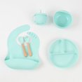 thumbnail image 1 of Silicone dinner plate, baby bib, toddler bowl, tableware, fork, anti-drop snack cup set, light green round plate, 6-piece set., 1 of 5