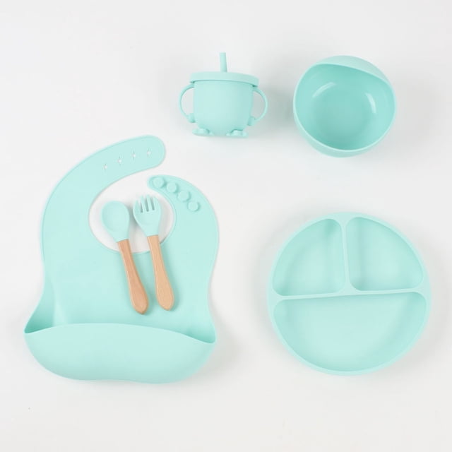 Silicone dinner plate, baby bib, toddler bowl, tableware, fork, anti-drop snack cup set, light green round plate, 6-piece set.