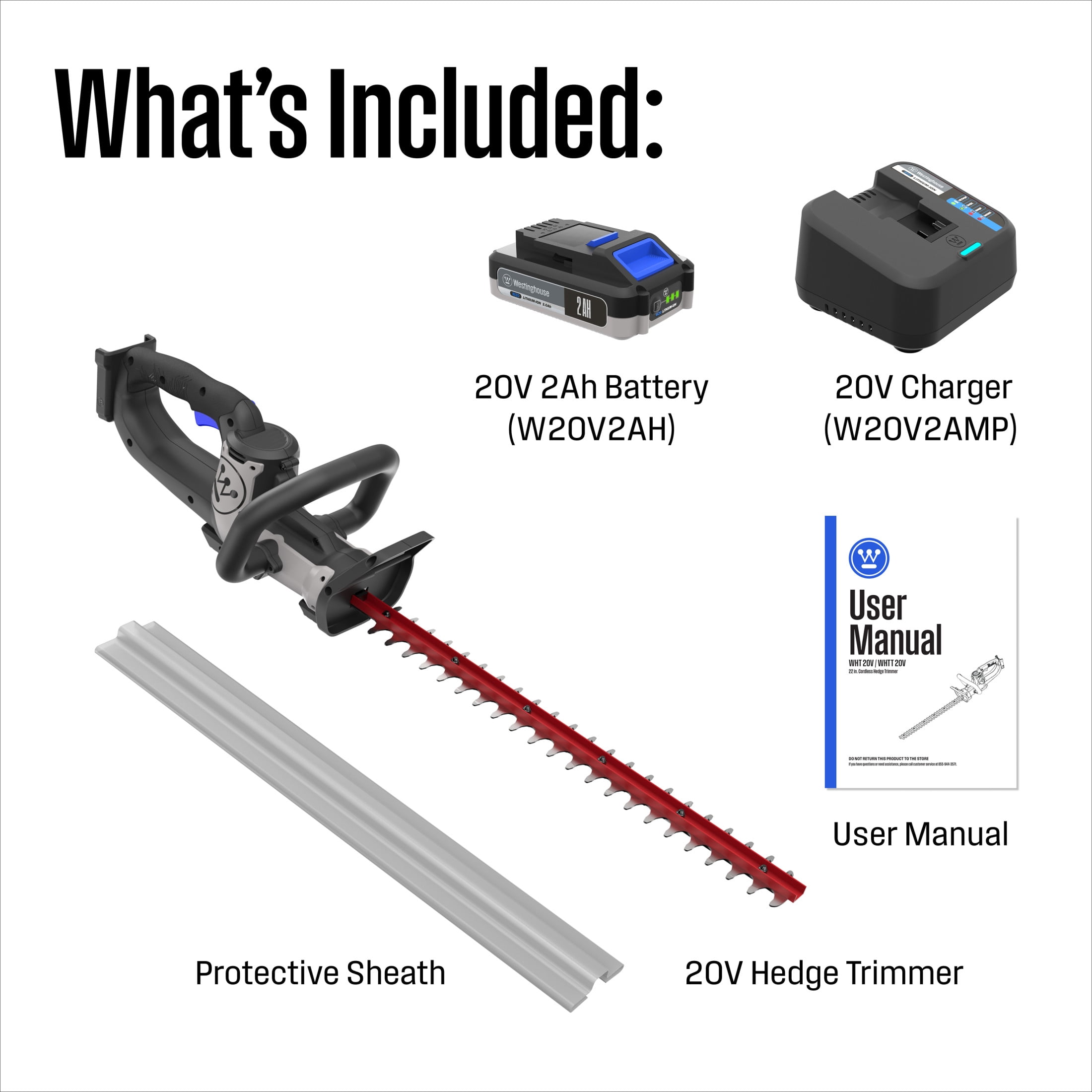 Westinghouse 20V Cordless Hedge Trimmer, 22 Inch Dual-Action Steel Blades, 2.0Ah Battery and Charger Included