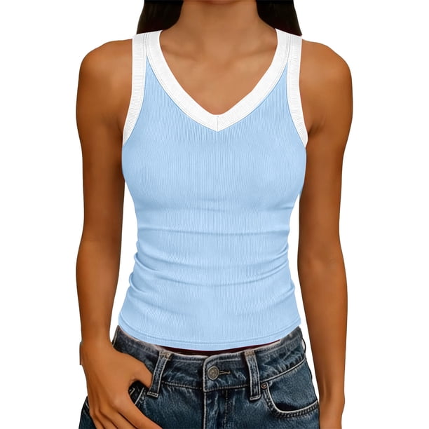 Mujeres Blusas de Verano sin Mangas Cuello en V Cuello Sólido Camiseta, Poliéster Suave Desgaste Diario Casual, Longitud Regular