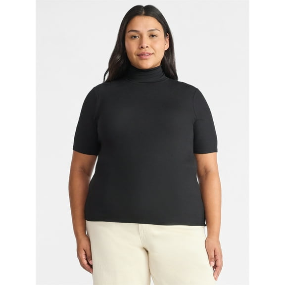 Time and Tru Women's Rib Turtleneck Top with Short Sleeves, Sizes XS-XXXL