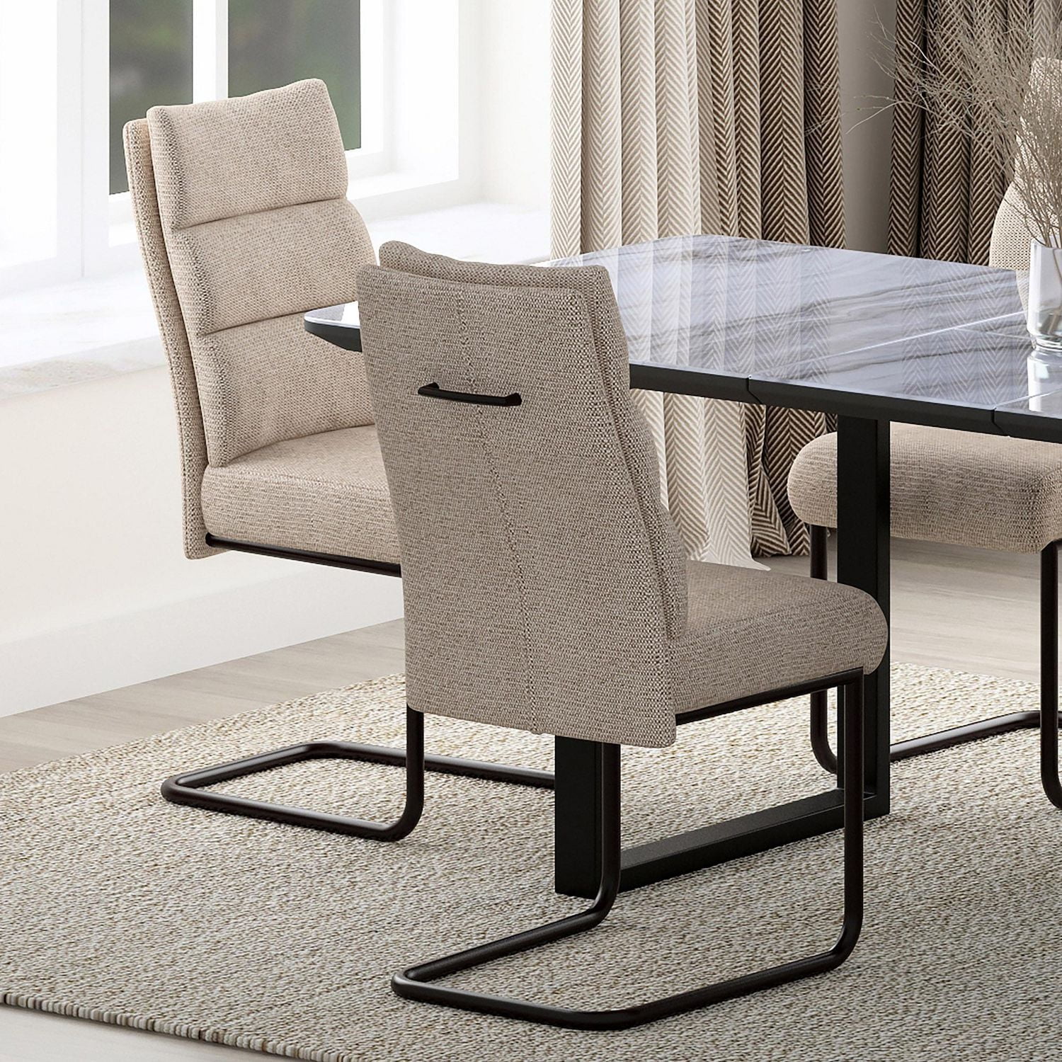 Modern Fabric & Metal Dining Chair, Set of 2 - Beige & Black