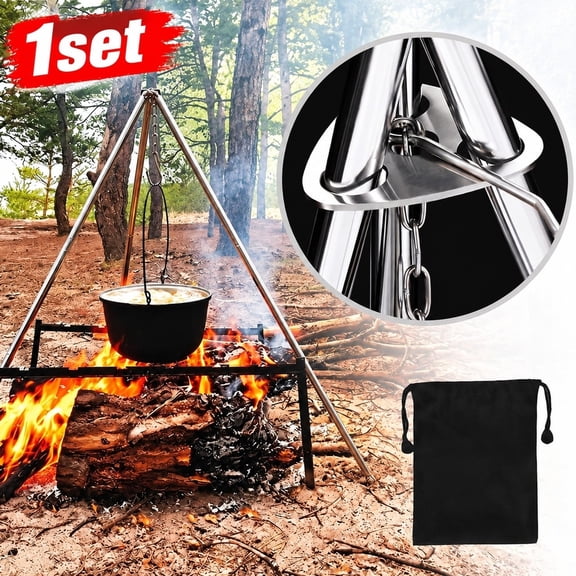 2 Sets Camping Tripod Stands, Stainless Steel Pot Hangers with Chain & Storage Bag for Open Fire Cooking