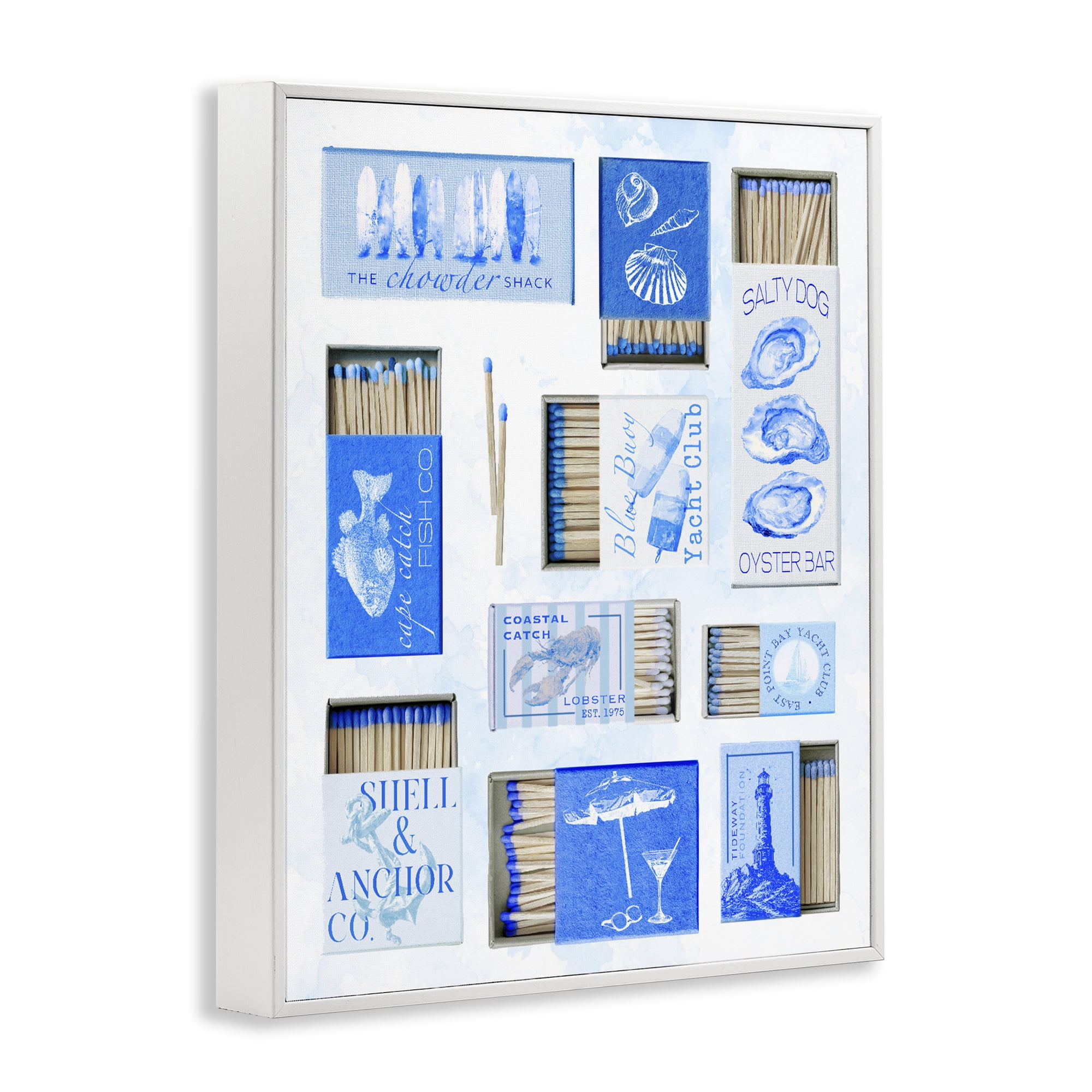 Blue Coastal Matchboxes White Framed Giclee Art, design by Ziwei Li