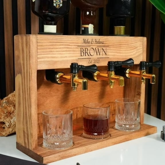 Handmade Personalized Liquor Dispenser with Triple Tap - Engraved Solid Pine Wood Whiskey Stand