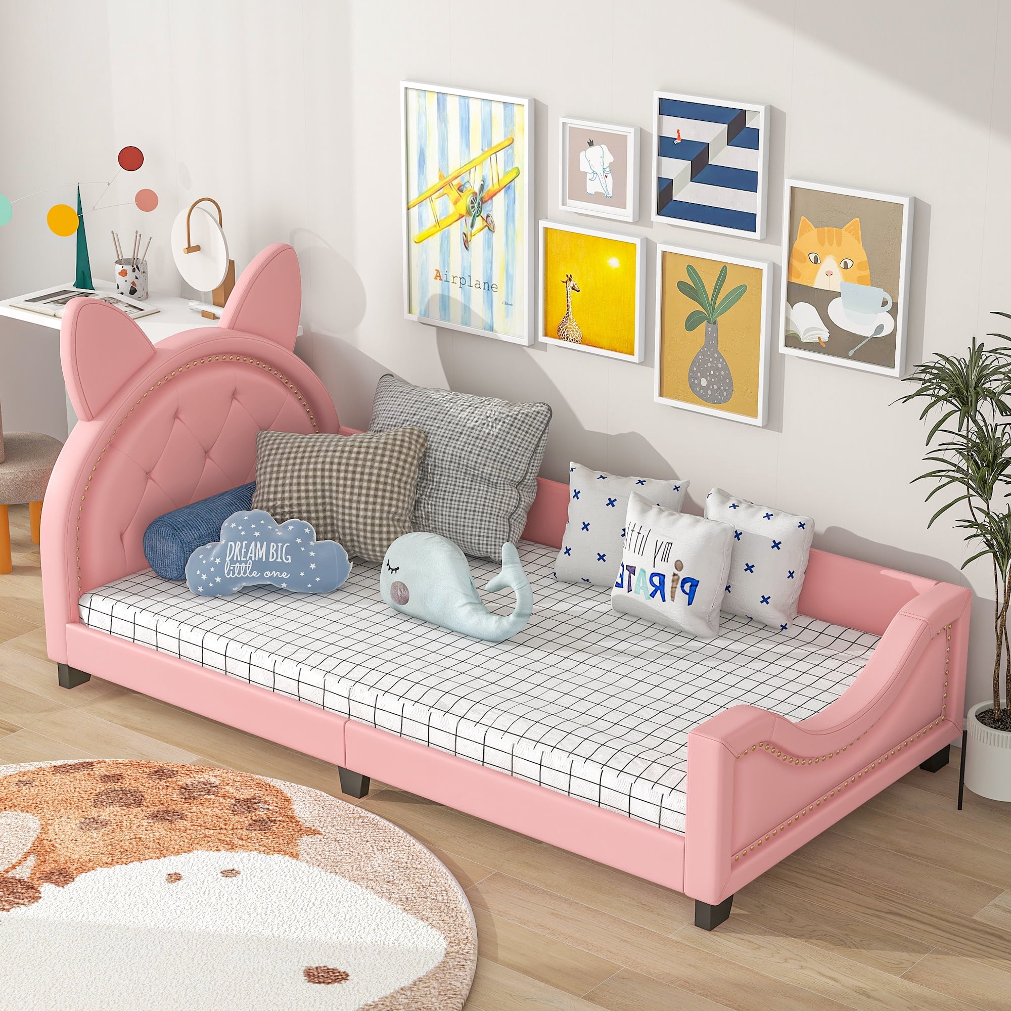Euroco Bunny Shaped Twin Size Upholstered Daybed with Headboard for Kids Teens, Pink
