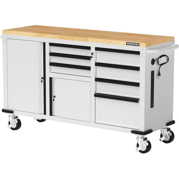 WORKPRO 62" x 20" 7-Drawer & 2-Door Rolling Tool Chest, Mobile Tool Storage Cabinet with Power Strip, Locking System, Heavy Duty Rolling Cabinet for Garage, Warehouse & Kitchen, 1000 lbs Capacity