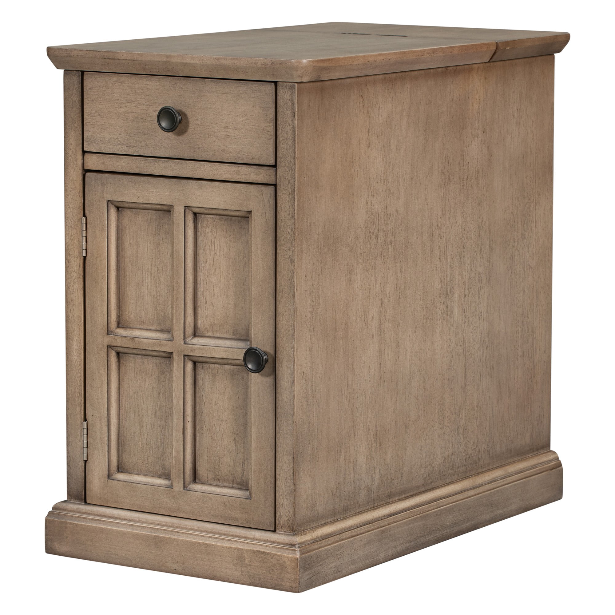 Aukfa Vintage End Table with USB Ports, Drawer, and Cup Holders - Narrow Sofa Side Table for Living Room and Bedroom - Antique Brown