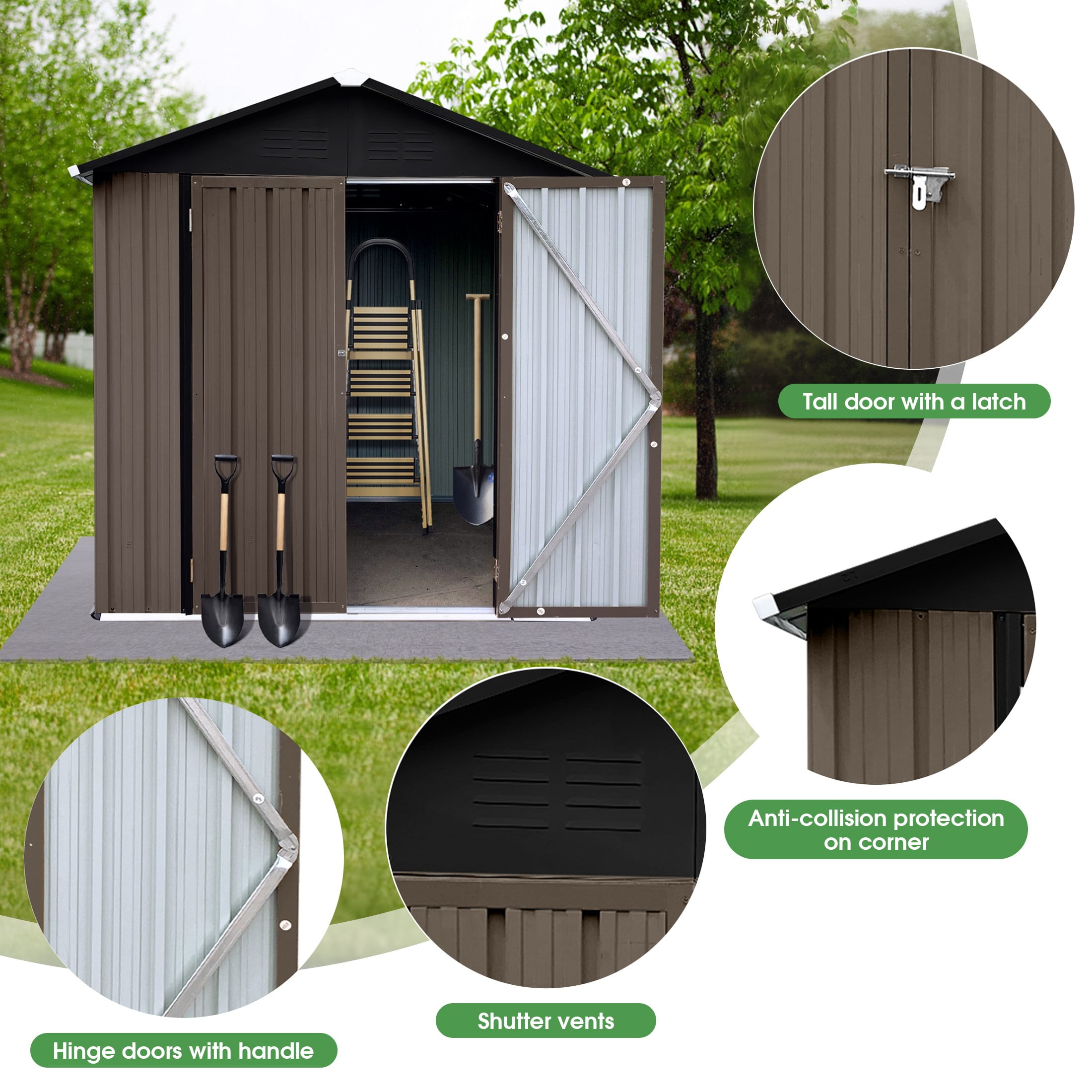 Aukfa 4' x 6' Outdoor Storage Shed, Waterproof Metal Garden Shed with Doors and Sloped Roof for Patio, Backyard, Lawn, Tool Storage, Bike Shed