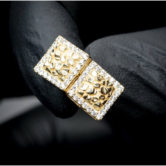 Square Shape 14K Yellow Gold Plated 925 Sterling Silver Screw Back Post 3D Large Retro 90's Hip Hop Ice Out Cz Hypoallergenic Big 10mm Solid Gold Textured Nugget Stud Earrings For Men