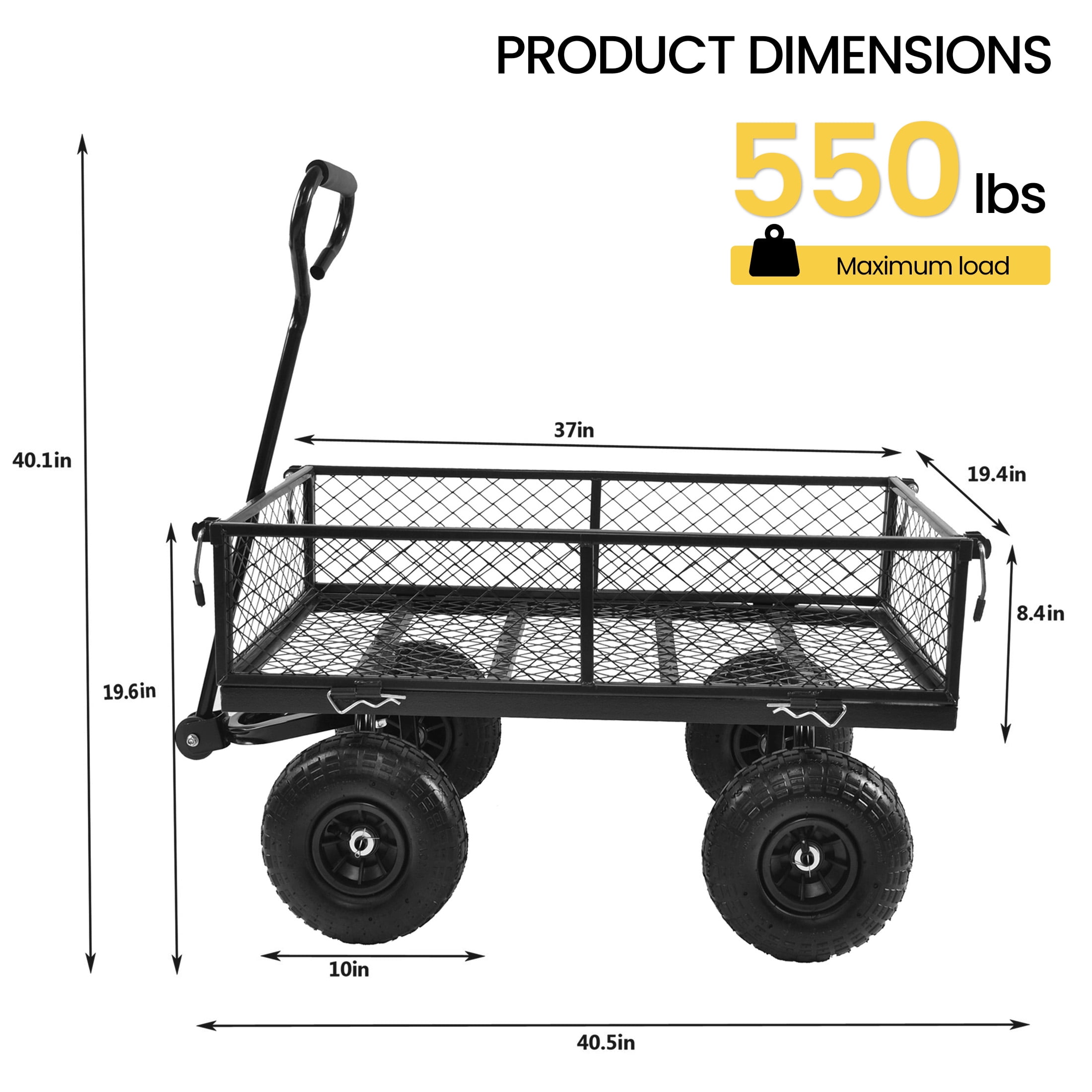 Aukfa Utility Garden Cart, Heavy Duty Metal Wagon Cart with Rotating Handle, Removable Sides/10" Wheels for Outdoor Hauling/Gardening, Black