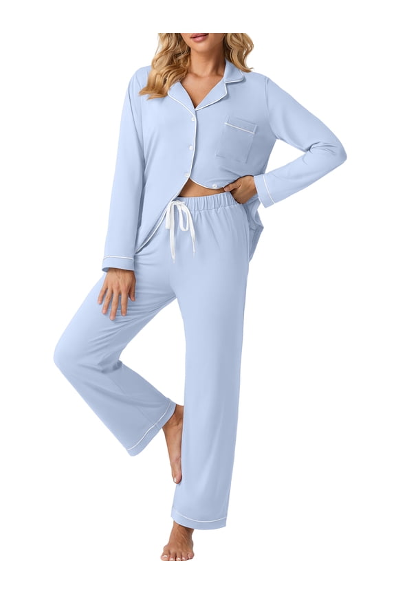 Womens Pajama Sets Long Sleeve Knit Button Down Pj Lounge Sets Sleepwear with Drawstring Pockets