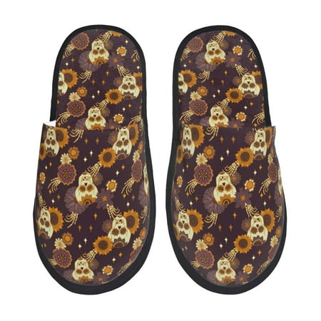 Balery Sunflowers with Skull and Hand Slient Indoor Furry Fleece Comfort House Shoes Soft Non-Slip Home Shoes Cotton slippers House Slippers-- Medium