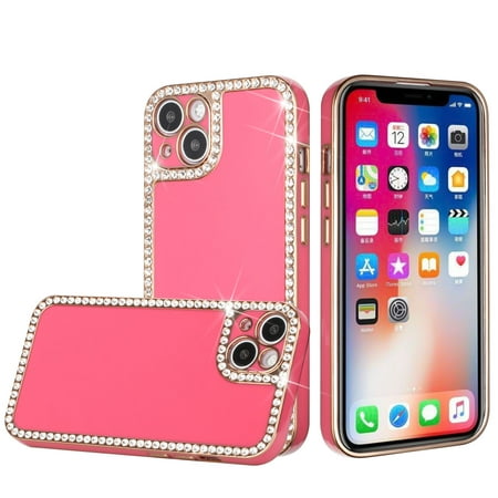 For Apple iPhone 8 Plus/7 Plus All Around 3D Diamonds Rhinestone Chrome Frame TPU Shiny Bling Glitter Protective Cover ,Xpm Phone Case [ Hot Pink ]