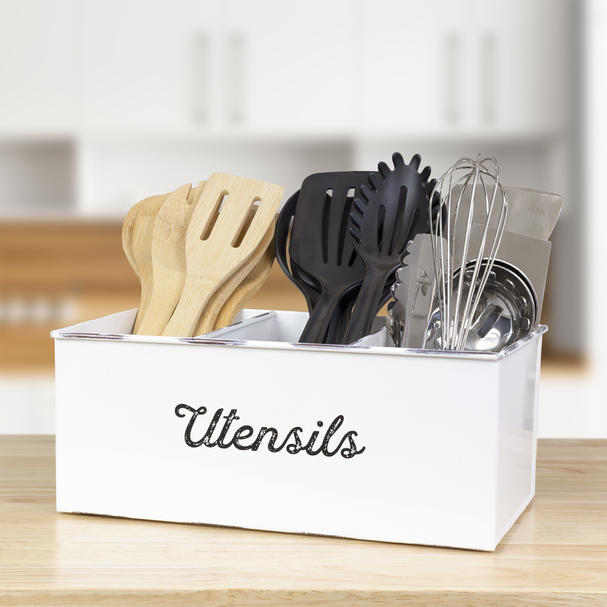 AuldHome Design Large Enamelware Utensil Holder, White Farmhouse Cooking Caddy or Spoons/Forks/Knives Storage for Countertop and Table