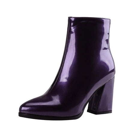 Lovskoo 2024 Ankle Boots for Women Leather Wedding Dress Shoes Chunky Stacked Heel Pointed Toe Large Size High Heel Zipper Mirror Short Booties Purple
