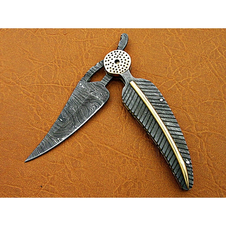  8 hand forged Damascus steel leaf folding pocket knife custom  made, Engraved Damascus scale with bras art work cow leather sheath  (Damascus) (Full Damascus) : Sports & Outdoors