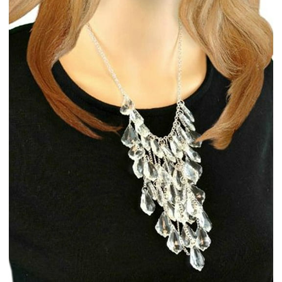 Silver Tone Fringe Faceted Beads Clear Faux Crystal Ice Look Statement Necklace Ladies Adult Female Women