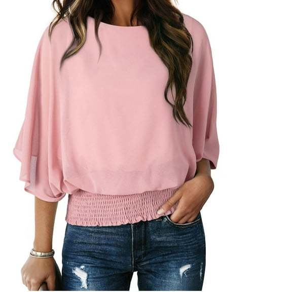 Blmnix Work Loose Workout Tops for Women Smocked 2025 Pink 3/4 Sleeve Women's Shirts Crew Neck Blouse