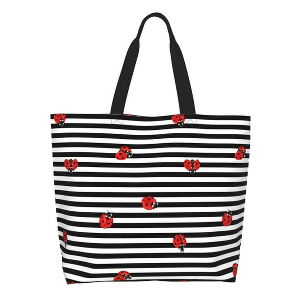 Fotbe Ladybugs on Black and White Striped Bolsa Tote Estética de Lona con Estampado para Mujer - Bolsa Reutilizable de Hombro Casual para Vacaciones, Compras, Trabajo y Gimnasio