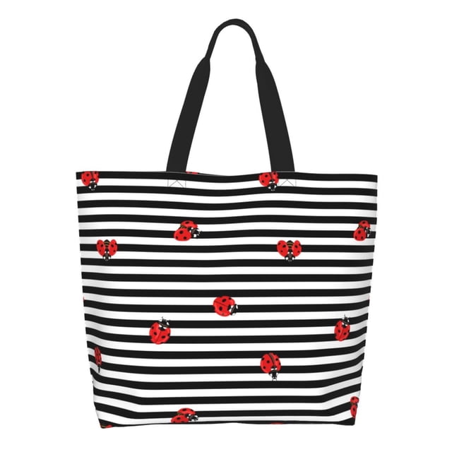 Fotbe Ladybugs on Black and White Striped Bolsa Tote Estética de Lona con Estampado para Mujer - Bolsa Reutilizable de Hombro Casual para Vacaciones, Compras, Trabajo y Gimnasio