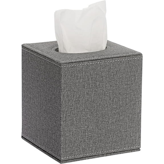 Square Linen Tissue Box Cover - Stylish Cube Tissue Box Holder with Magnetic Bottom, Decorative Tissue Box for Vanity Toilet Tank Dresser Night Stand Table Countertop Office Car-Grey