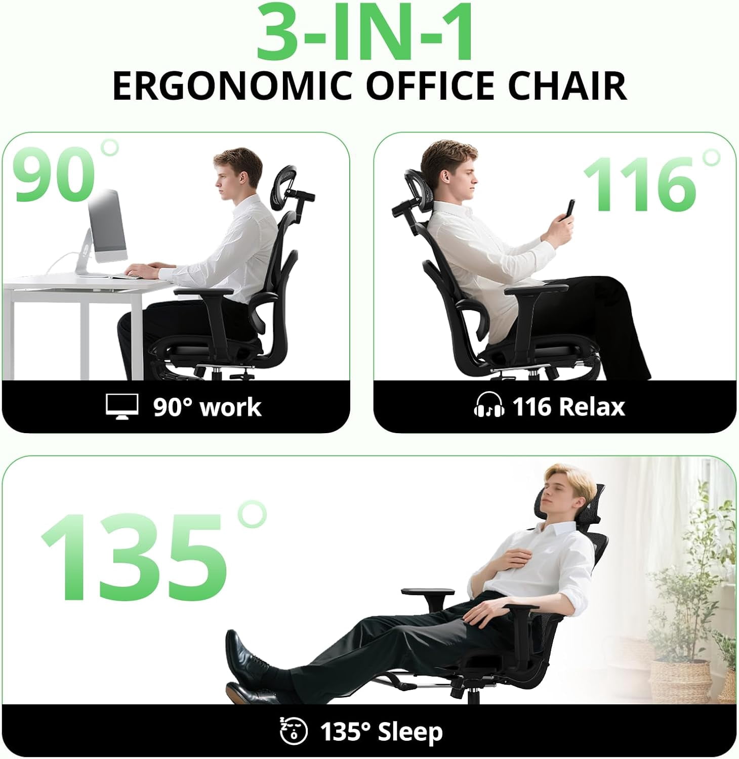 SELOOYE Ergonomic Office Chair with Footrest, Mesh Desk Chair with 135° Recline, Adjustable Lumbar Support, 3D Armrests and Headrest, Swivel Computer Chair for Home Office