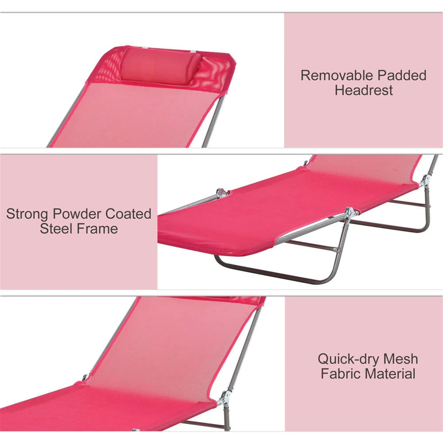 Demi Bonn Outdoor Folding Chaise Lounge with Reclining Back, Breathable Mesh Seat for Beach and Yard, Patio, Pink