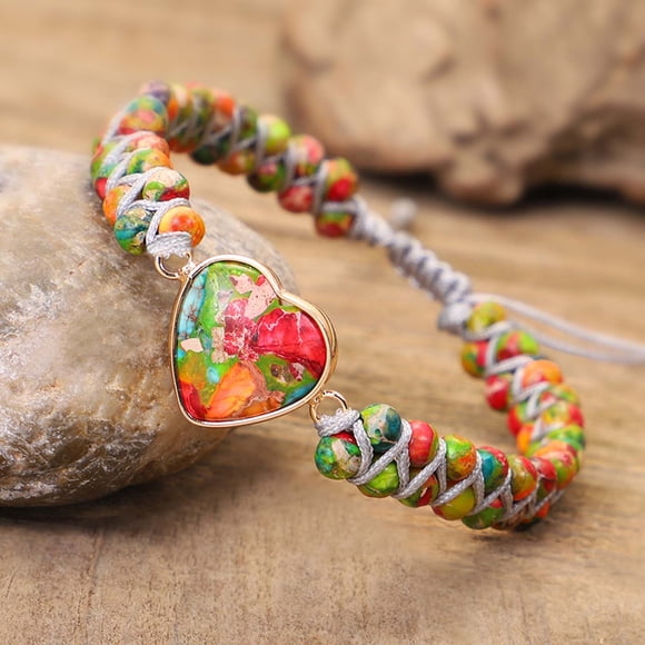 5Pcs Jasper Heart Bracelet, Uscallm I Love You Forever Jasper Heart Bracelet, Heart Shaped Stone Bracelet, Healing Crystal Jewelry, Love Gift for Her, Romantic Anniversary Present, Spiritual Energy